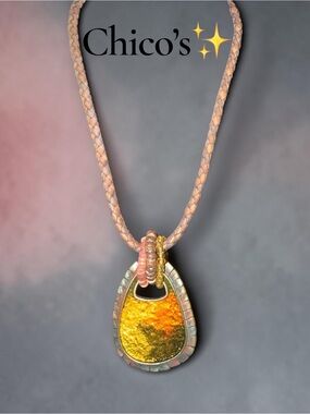 Chico's Boho Statement Pendant Necklace Leather Cord Amber Gold 18" + Extender